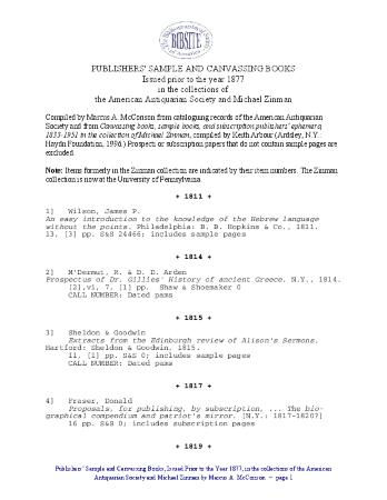 Publishers’ Sample & Canvassing Books Issued Prior to the Year 1877 in the Collections of the American Antiquarian Society and Michael Zinman