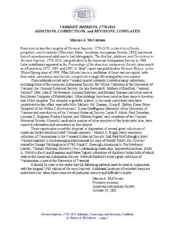 Vermont Imprints, 1778-1820: Additions, Corrections, and Revisions, Conflated

