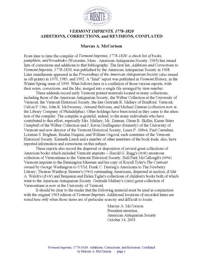 Vermont Imprints, 1778-1820: Additions, Corrections, and Revisions, Conflated