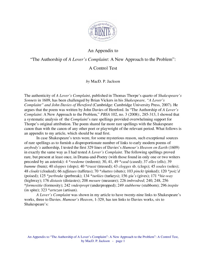 The Authorship of A Lover’s Complaint: A New Approach to the Problem