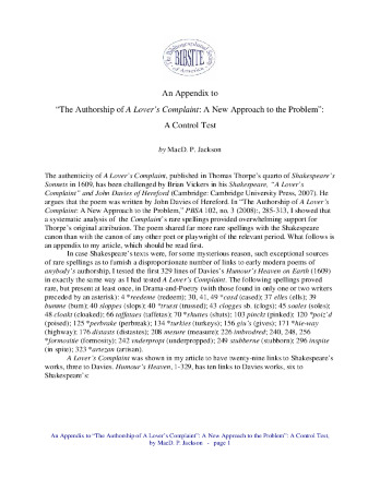 The Authorship of A Lover’s Complaint: A New Approach to the Problem