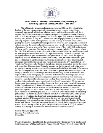 Recent Studies of Censorship, Press Freedom, Libel, Obscenity, etc., in the Long Eighteenth Century, Published c.1985–2016