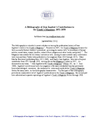 Bibliography of Jean Ingelow’s Contributions to the Youth’s Magazine, 1851-1858