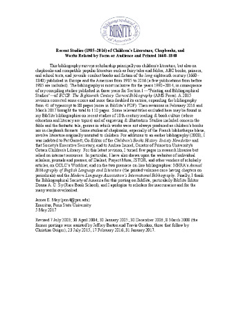 Recent Studies (1985–2016) of Children’s Literature, Chapbooks, and Works Related by Form or Audience and Printed 1660–1840