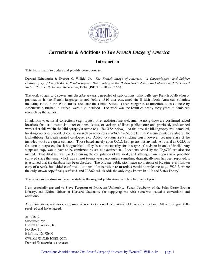 Corrections & Additions to The French Image of America: a Chronological and Subject Bibliography of French Books Printed before 1816 relating to the British North American Colonies and the United States
