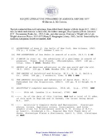 Risqué Literature Published in America Before 1877