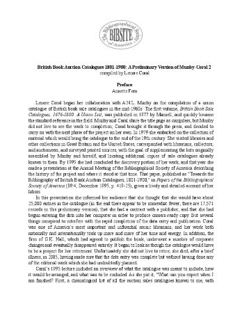 British Book Auction Catalogues 1801-1900: A Preliminary Version of Munby-Coral 2