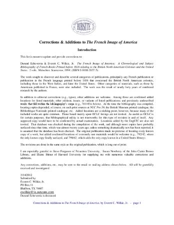 Corrections & Additions to The French Image of America: a Chronological and Subject Bibliography of French Books Printed before 1816 relating to the British North American Colonies and the United States