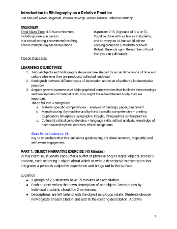 Lesson Plan: Introduction to Bibliography as a Relative Practice