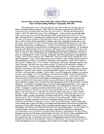 Recent Studies on Books Printed 1660–1820 as Physical Objects: Including Binding, Paper and Papermaking, Printing, & Typography, 1985–2016