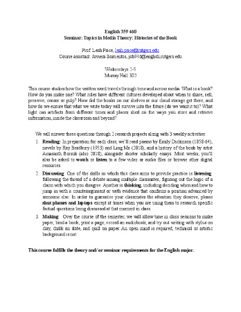Syllabus: Seminar: Topics in Media Theory: Histories of the Book