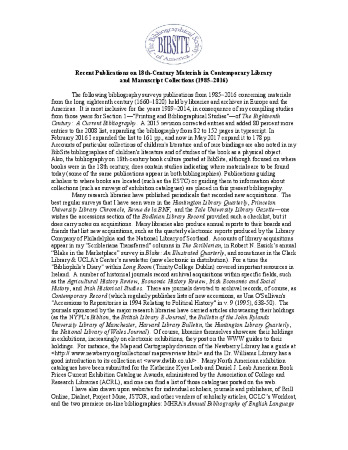 Recent Publications on 18th-Century Materials in Contemporary Library and Manuscript Collections (1985–2016)